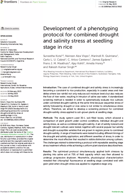 Development of a phenotyping protocol for combined drought and salinity stress at seedling stage in rice
