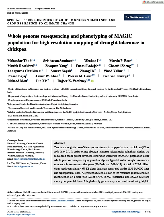 Whole genome resequencing and phenotyping of MAGIC population for high resolution mapping of drought tolerance in chickpea
