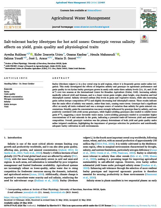Salt-tolerant barley ideotypes for hot arid zones: Genotypic versus salinity effects on yield, grain quality and physiological traits