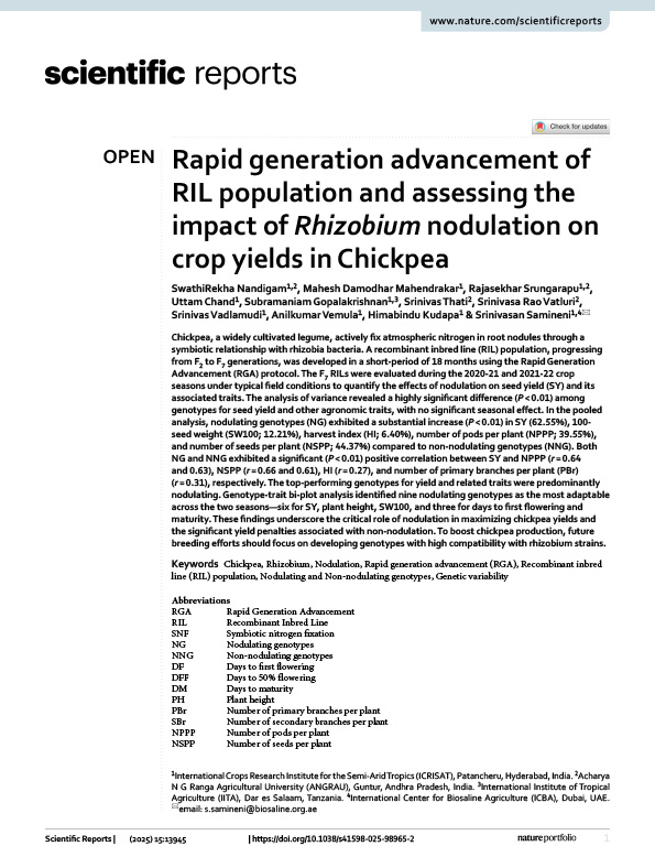 Rapid generation advancement of RIL population and assessing the impact of Rhizobium nodulation on crop yields in Chickpea