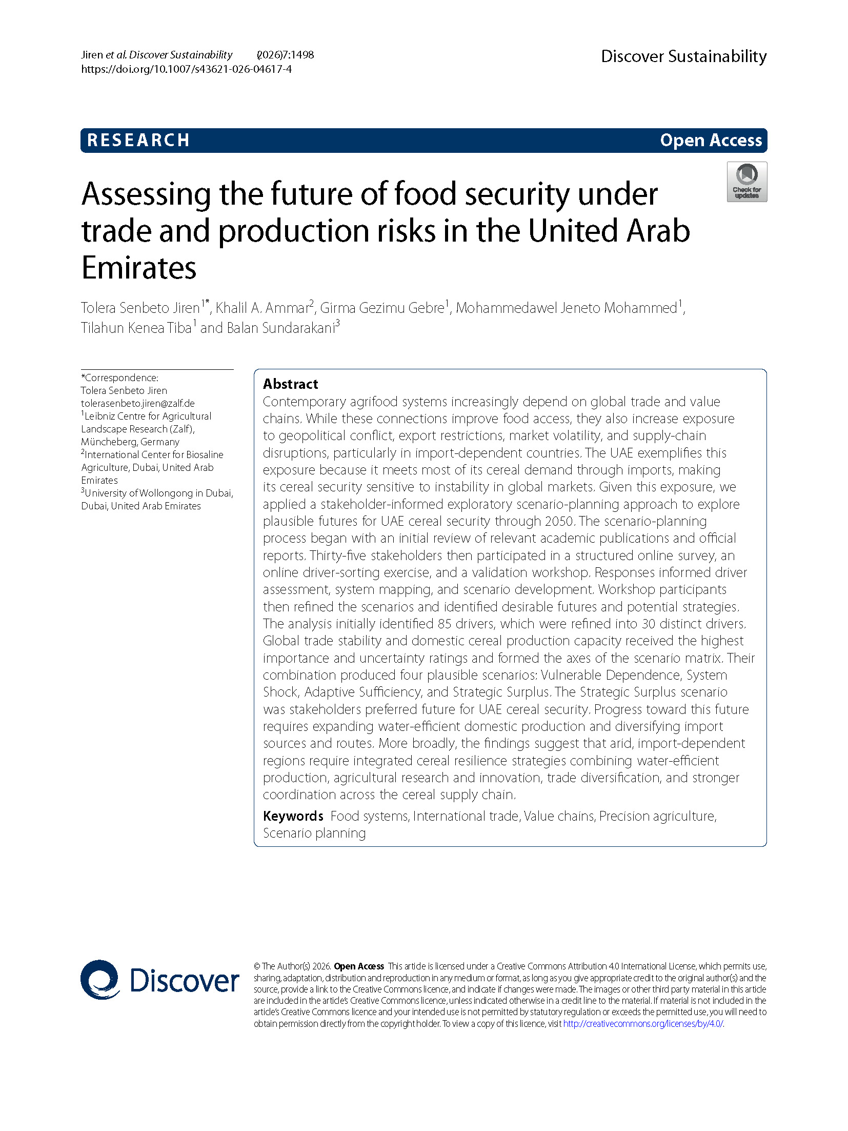 Assessing the future of food security under trade and production risks in the United Arab Emirates