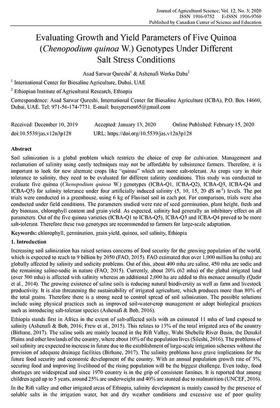 Evaluating Growth And Yield Parameters Of Five Quinoa Chenopodium Quinoa W Genotypes Under Different Salt Stress Conditions International Center For Biosaline Agriculture