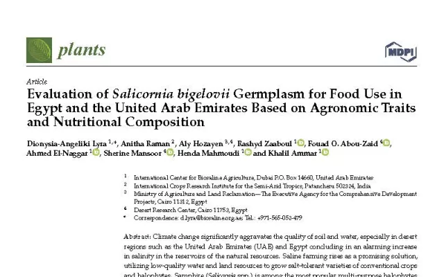 Evaluation of Salicornia bigelovii Germplasm for Food Use in Egypt and the United Arab Emirates Based on Agronomic Traits and Nutritional Composition