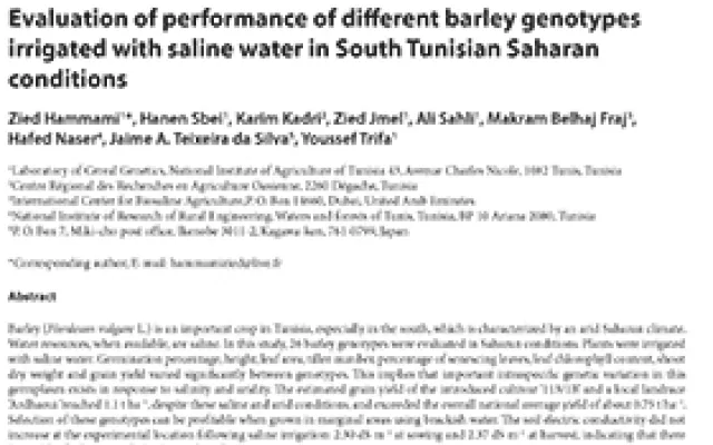 Evaluation of performance of different barley genotypes irrigated with saline water in South Tunisian Saharan conditions
