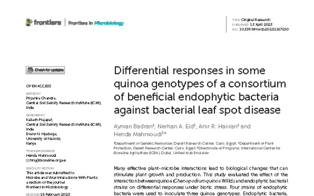 Differential responses in some quinoa genotypes of a consortium of beneficial endophytic bacteria against bacterial leaf spot disease