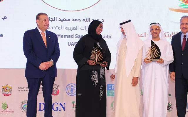 The award was presented by H.E. Sheikh Nahayan Mabarak Al Nahayan, Minister of Tolerance and Coexistence of the UAE and Chairman of the Board of Trustees of the Khalifa International Award for Date Palm and Agricultural Innovation, and received by Dr. Tarifa Alzaabi, Acting Director General of ICBA, at an official ceremony during the 14th session of the Khalifa International Award for Date Palm and Agricultural Innovation.