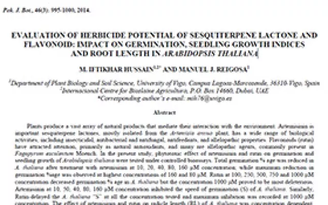 Evaluation of herbicide potential of sesquiterpene lactone and flavonoid: impact on germination, seedling growth indices and root length in arabidopsis thaliana