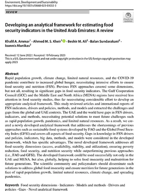 Developing an analytical framework for estimating food security indicators in the United Arab Emirates: A review
