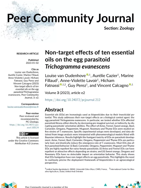 Non-target effects of ten essential oils on the egg parasitoid Trichogramma evanescens