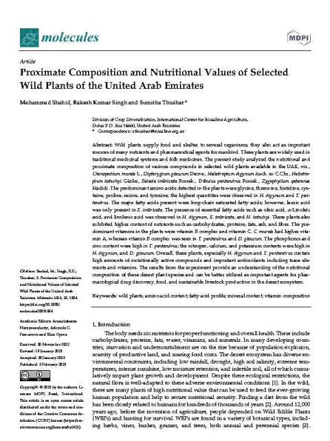 Proximate Composition and Nutritional Values of Selected Wild Plants of the United Arab Emirates