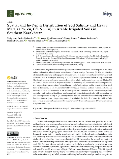 Spatial and In-Depth Distribution of Soil Salinity and Heavy Metals (Pb, Zn, Cd, Ni, Cu) in Arable Irrigated Soils in Southern Kazakhstan