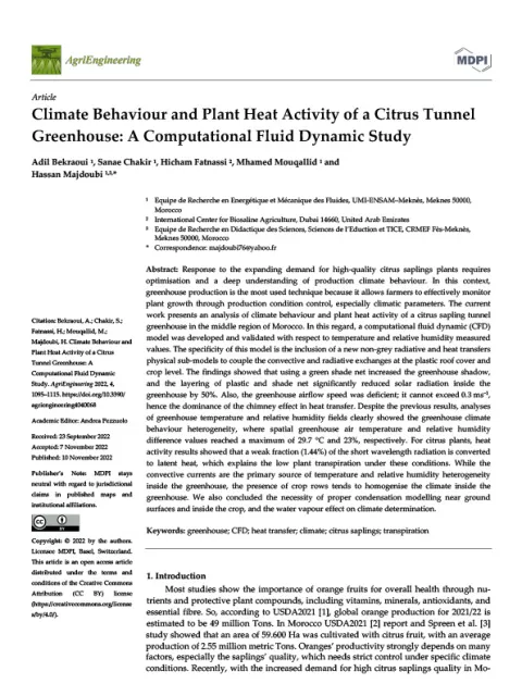 Climate Behaviour and Plant Heat Activity of a Citrus Tunnel Greenhouse: A Computational Fluid Dynamic Study