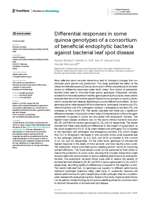 Differential responses in some quinoa genotypes of a consortium of beneficial endophytic bacteria against bacterial leaf spot disease