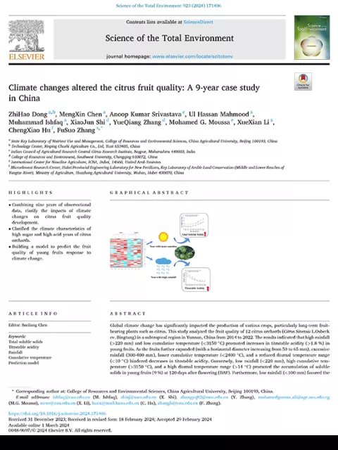 Climate changes altered the citrus fruit quality: A 9-year case study in China