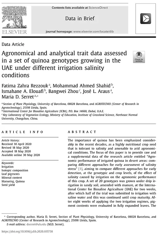 Agronomical and analytical trait data assessed in a set of quinoa genotypes growing in the UAE under different irrigation salinity conditions