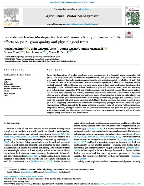 Salt-tolerant barley ideotypes for hot arid zones: Genotypic versus salinity effects on yield, grain quality and physiological traits