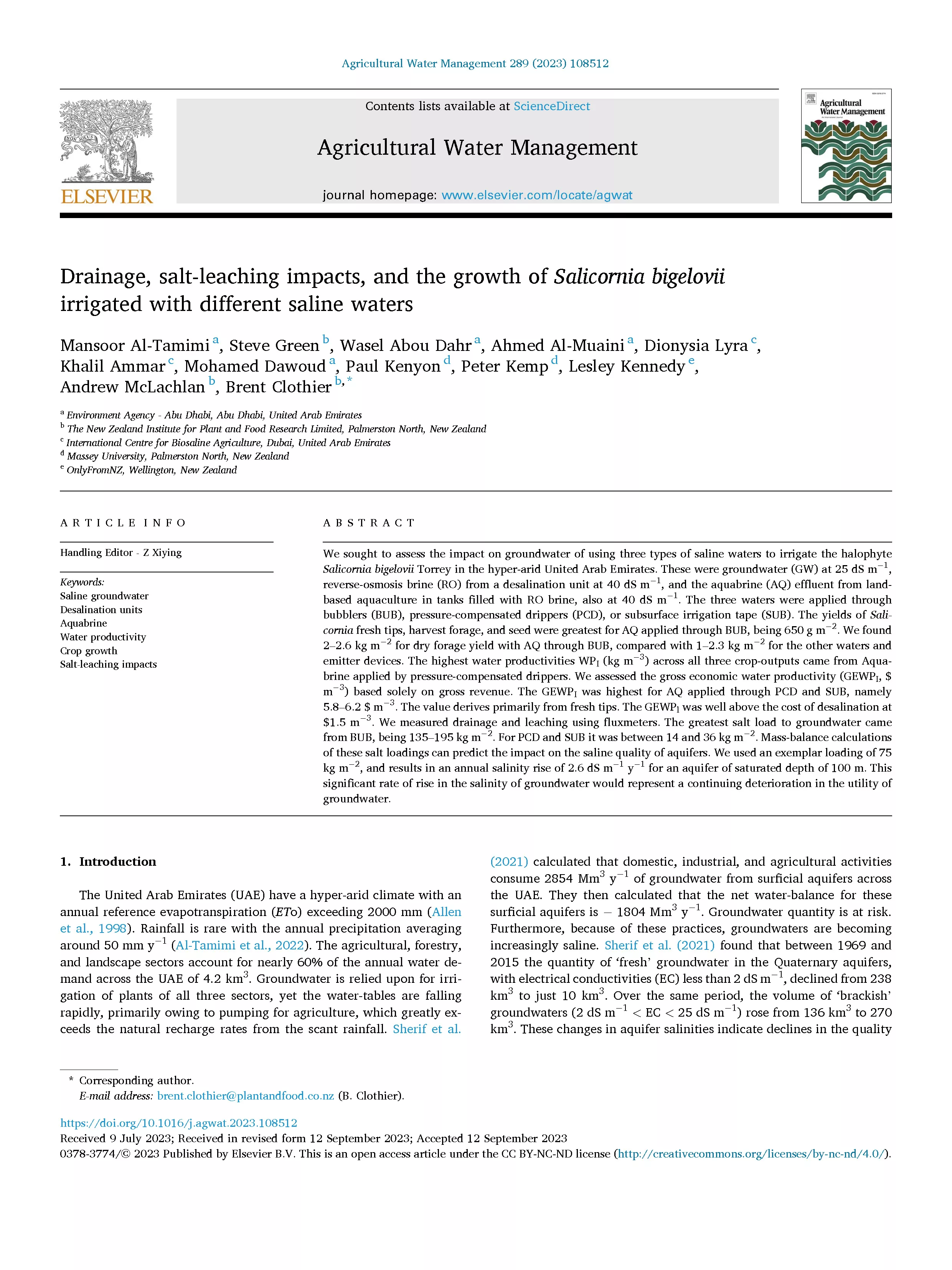 Drainage, salt-leaching impacts, and the growth of Salicornia bigelovii irrigated with different saline waters