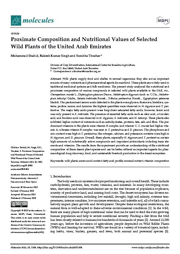 Proximate Composition and Nutritional Values of Selected Wild Plants of the United Arab Emirates