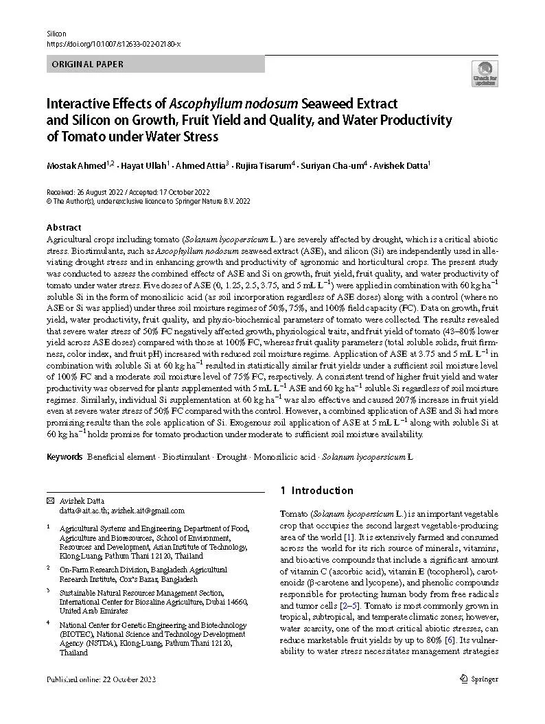 Interactive Effects of Ascophyllum nodosum Seaweed Extract and Silicon on Growth, Fruit Yield and Quality, and Water Productivity of Tomato under Water Stress