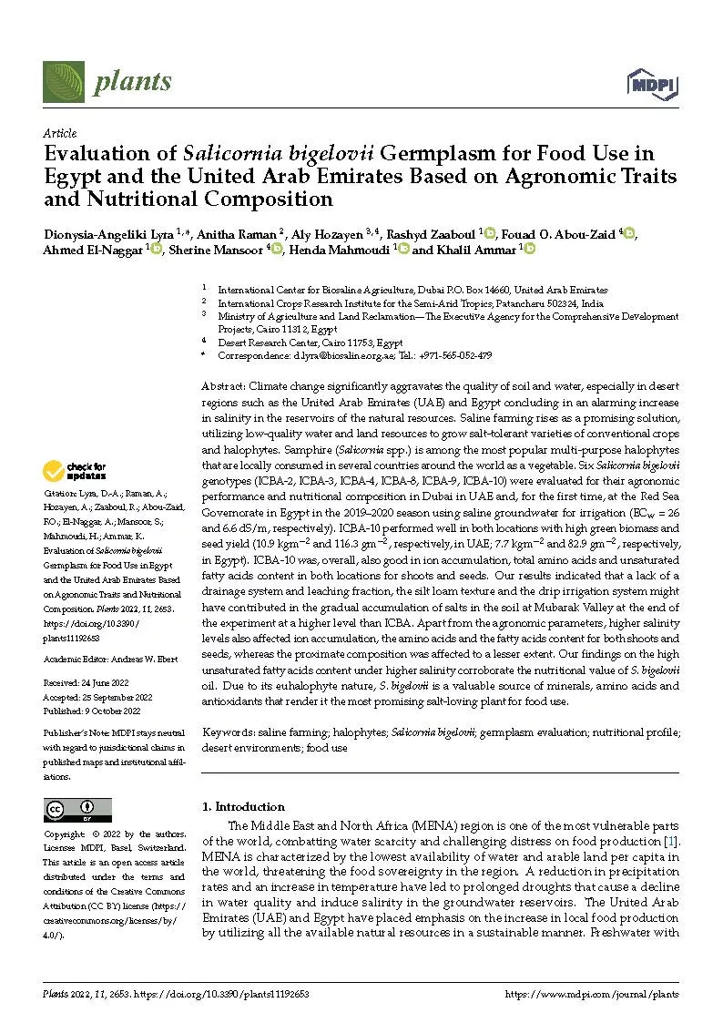 Evaluation of Salicornia bigelovii Germplasm for Food Use in Egypt and the United Arab Emirates Based on Agronomic Traits and Nutritional Composition