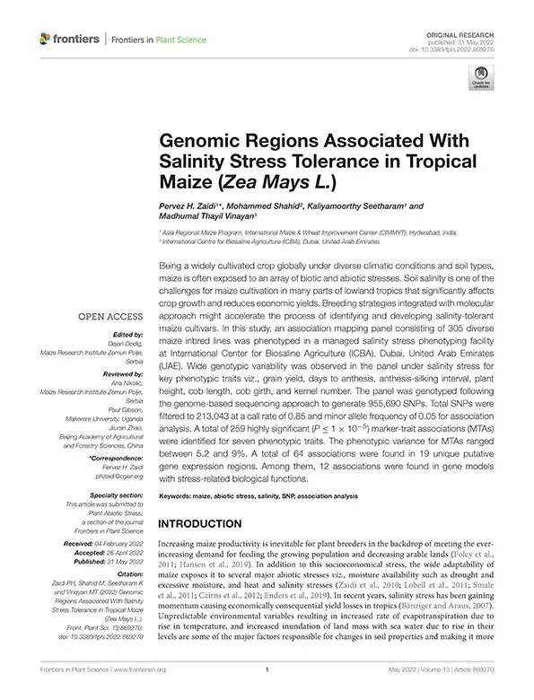 Genomic Regions Associated With Salinity Stress Tolerance in Tropical Maize (Zea Mays L.)