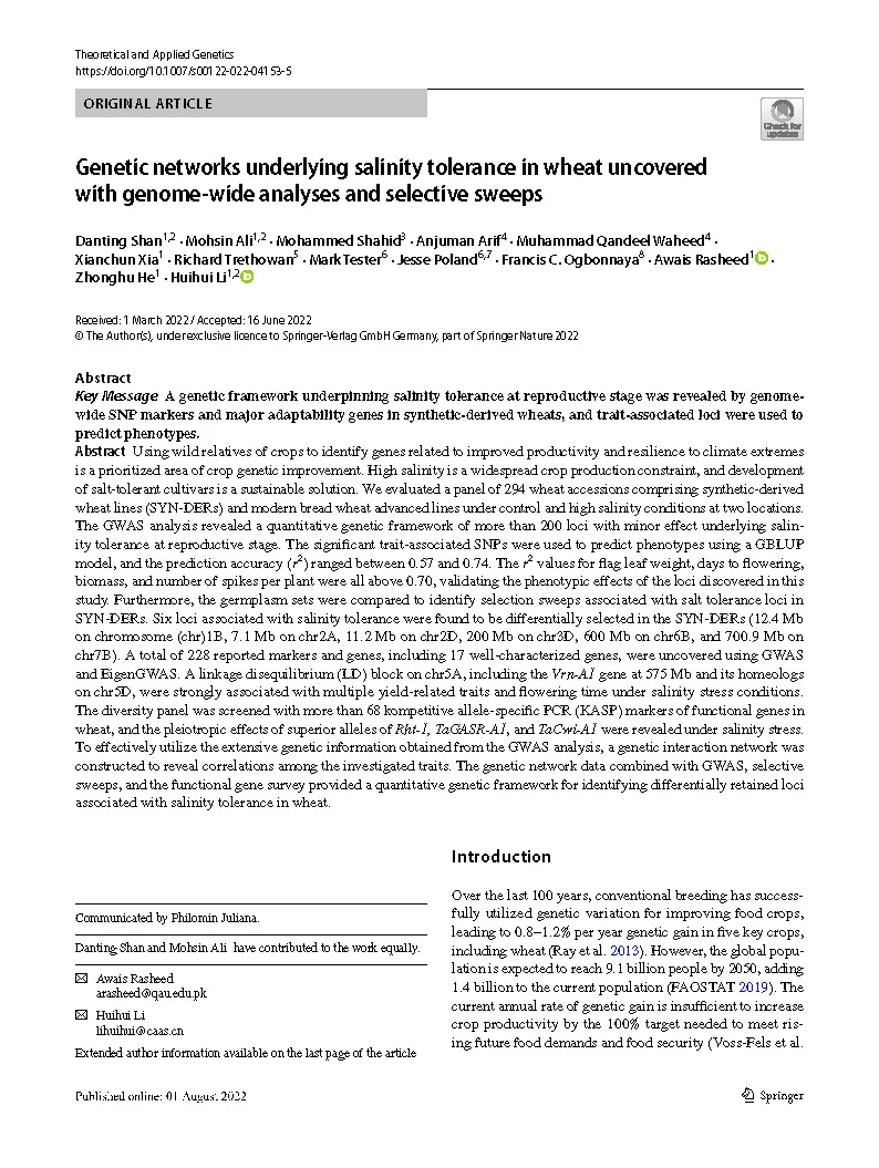 Genetic networks underlying salinity tolerance in wheat uncovered with genome-wide analyses and selective sweeps