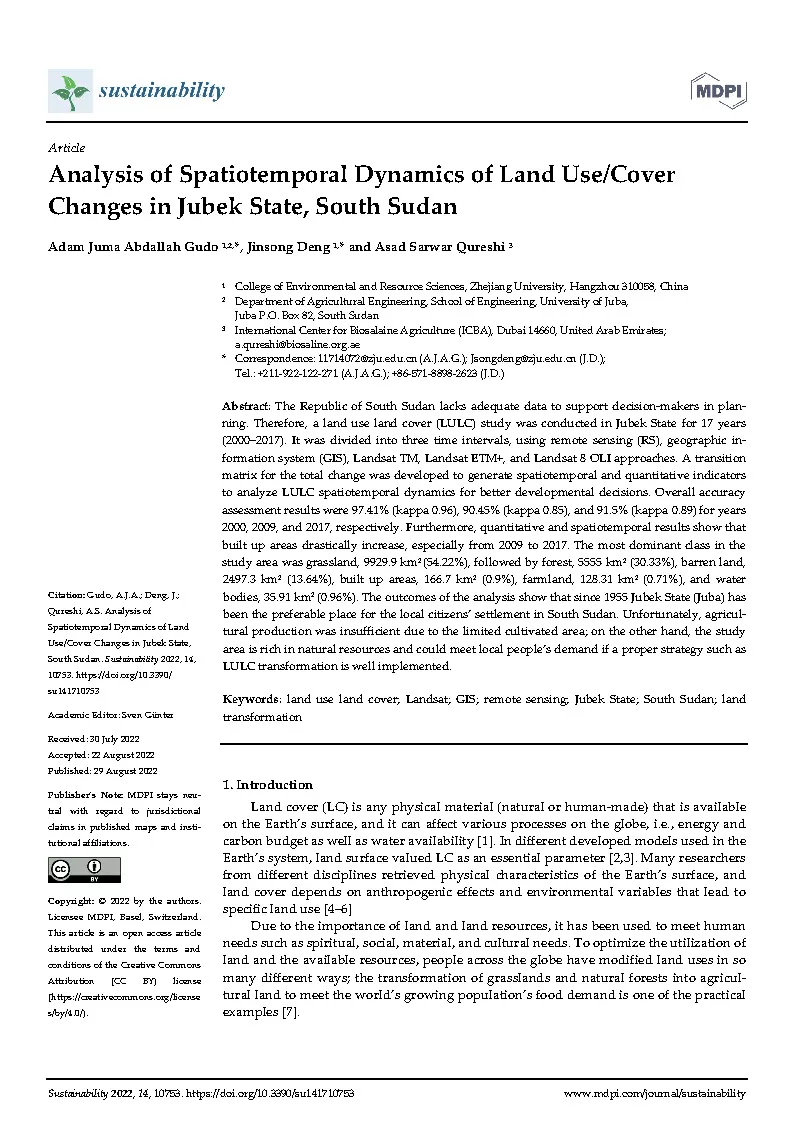 Analysis of Spatiotemporal Dynamics of Land Use/Cover Changes in Jubek State, South Sudan