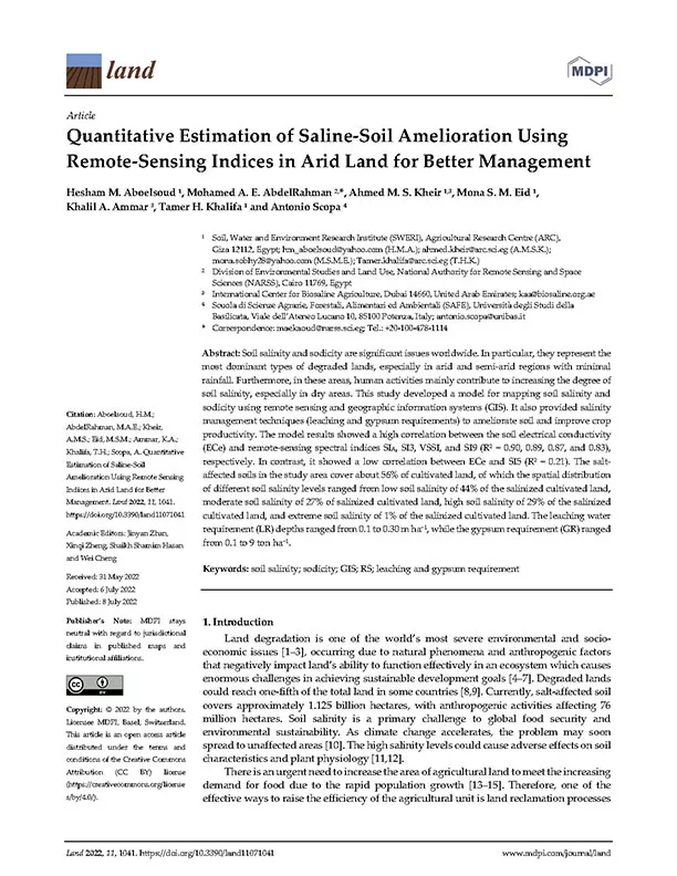 Quantitative Estimation of Saline-Soil Amelioration Using Remote-Sensing Indices in Arid Land for Better Management