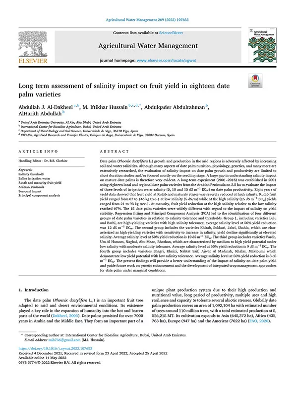 Long term assessment of salinity impact on fruit yield in eighteen date palm varieties
