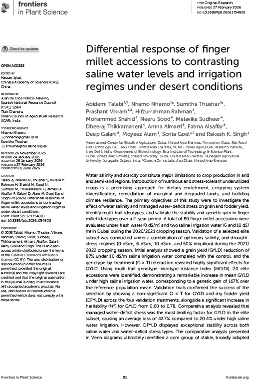 Differential response of finger millet accessions to contrasting saline water levels and irrigation regimes under desert conditions