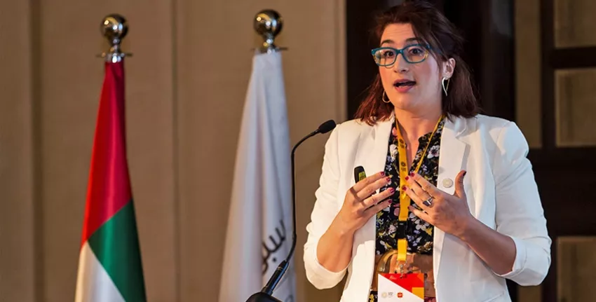 Dr. Dionysia Angeliki Lyra, a halophyte agronomist at ICBA, presents her project to the selection panel of the Expo 2020 Dubai’s Expo Live Innovation Impact Grant Programme.