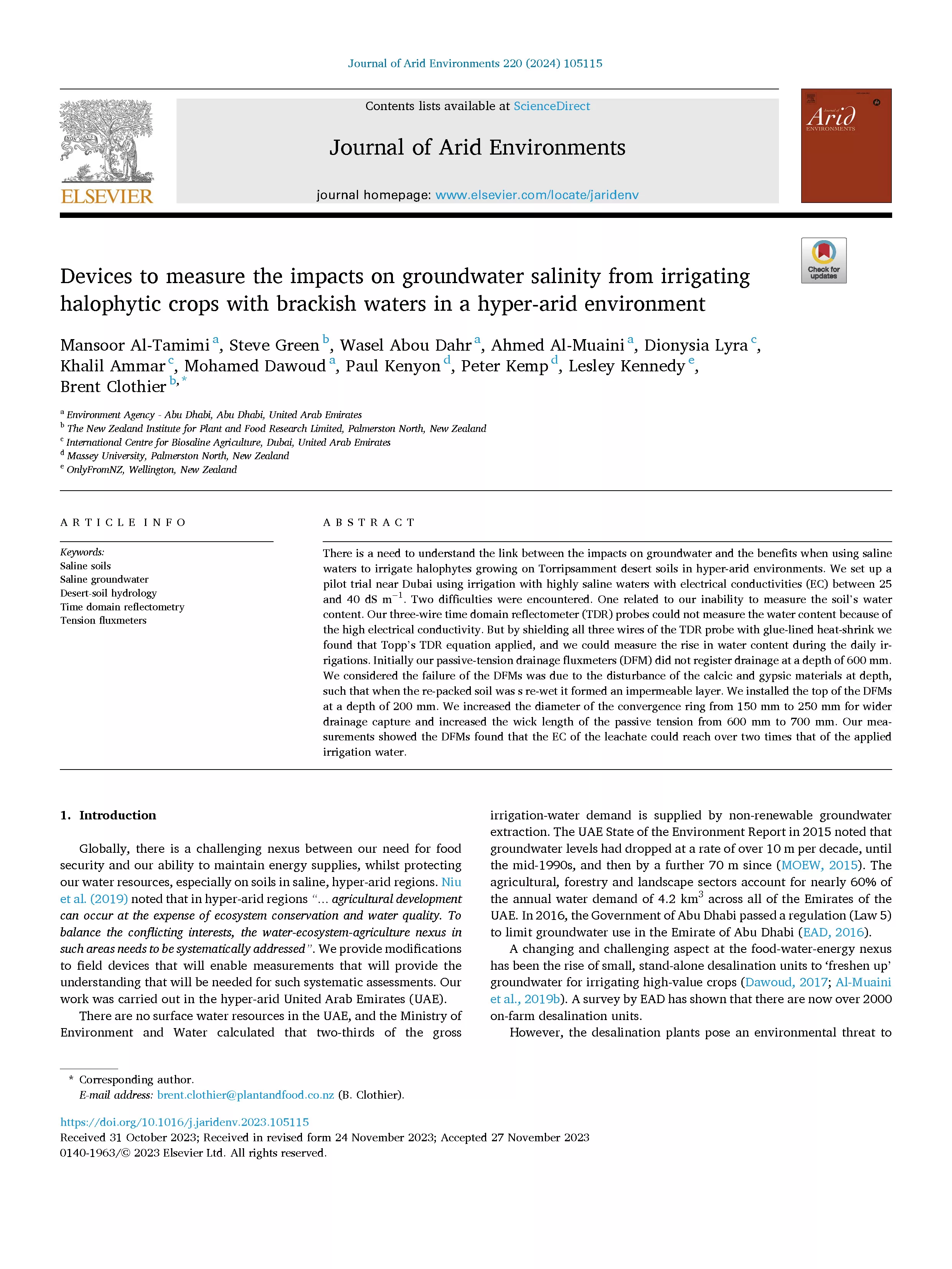 Devices to measure the impacts on groundwater salinity from irrigating halophytic crops with brackish waters in a hyper-arid environment