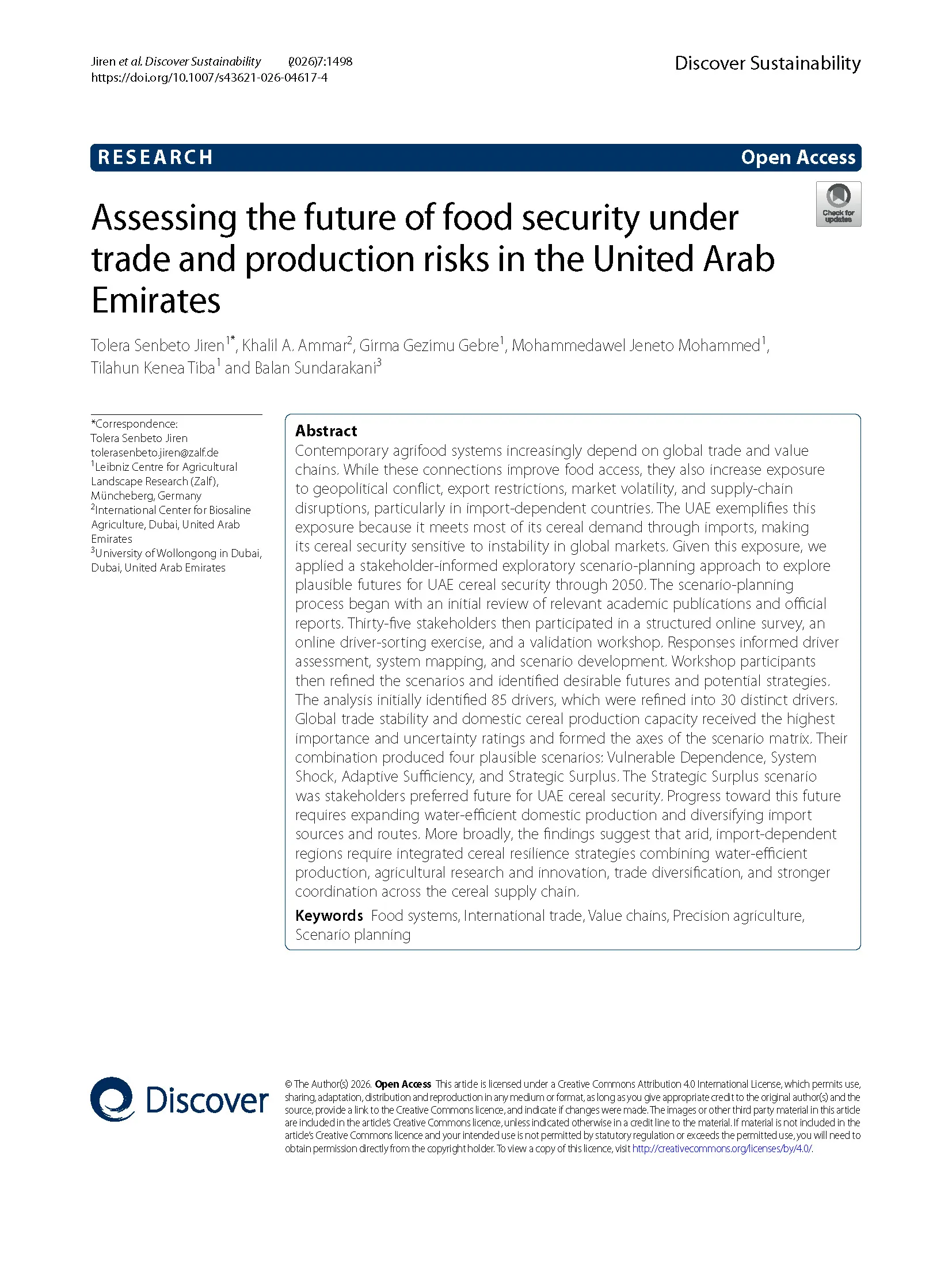 Assessing the future of food security under trade and production risks in the United Arab Emirates