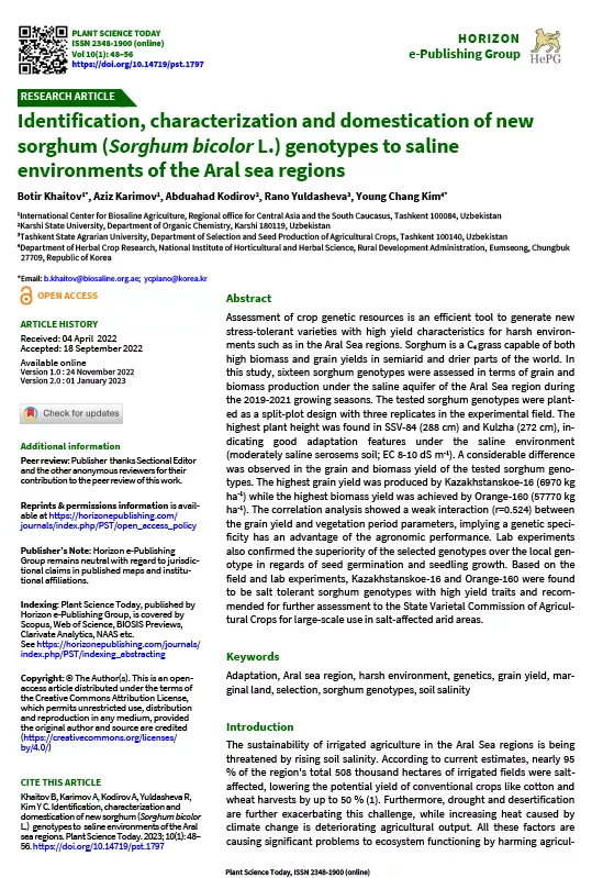 Identification, characterization and domestication of new sorghum (Sorghum bicolor L.) genotypes to saline environments of the Aral sea regions