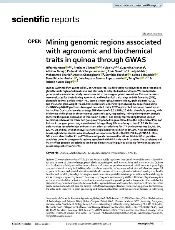 Mining genomic regions associated with agronomic and biochemical traits in quinoa through GWAS