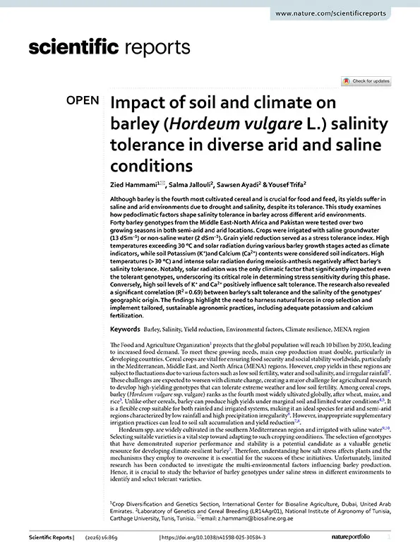 Impact of soil and climate on barley (Hordeum vulgare L.) salinity tolerance in diverse arid and saline conditions