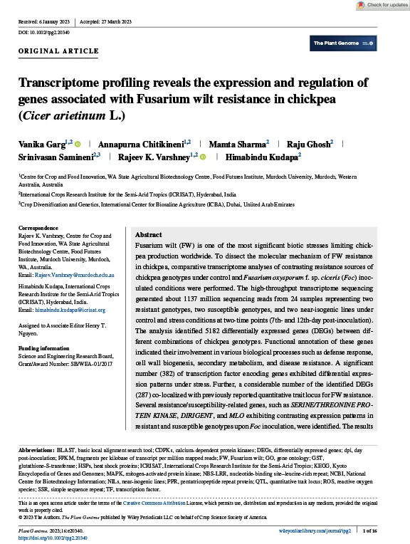 Transcriptome profiling reveals the expression and regulation of genes associated with Fusarium wilt resistance in chickpea (Cicer arietinum L.)